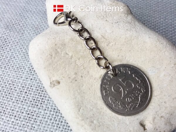 Denmark 1961 R coin charm. 63 year old Danish 25 ore coin pendant. 63rd birthday gift. Vintage coin souvenir. Chain and claw.