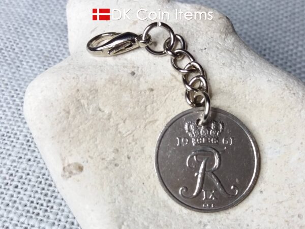 Denmark 1961 R coin charm. 63 year old Danish 25 ore coin pendant. 63rd birthday gift. Vintage coin souvenir. Chain and claw.