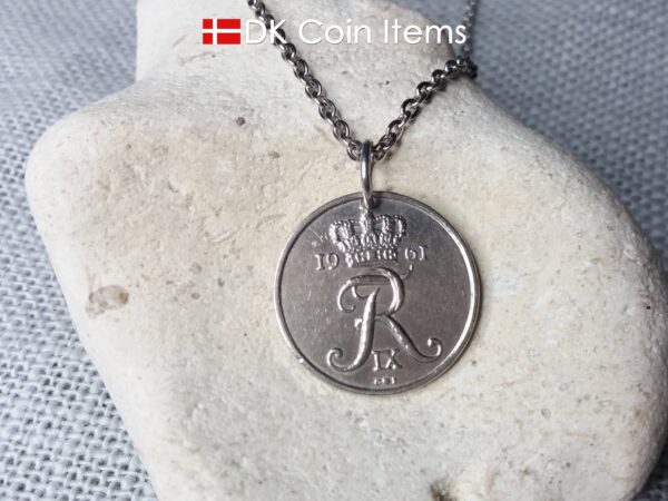 Denmark 1961 R coin necklace. 63 year old Danish 25 ore coin pendant. 63rd birthday gift. Danish coin souvenir.