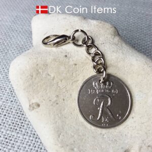 Denmark 1961 R coin charm. 63 year old Danish 25 ore coin pendant. 63rd birthday gift. Vintage coin souvenir. Chain and claw.