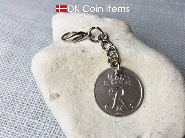 Denmark 1961 R coin charm. 63 year old Danish 25 ore coin pendant. 63rd birthday gift. Vintage coin souvenir. Chain and claw.