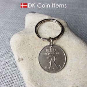 Denmark 1961 R coin charm. 63 year old Danish 25 ore coin pendant. 63rd birthday gift. Vintage coin souvenir. Pattern ring.