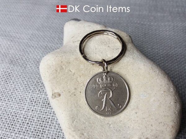 Denmark 1961 R coin charm. 63 year old Danish 25 ore coin pendant. 63rd birthday gift. Vintage coin souvenir. Pattern ring.