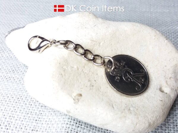 Denmark 1961 R coin charm. 63 year old Danish 25 ore coin pendant. 63rd birthday gift. Vintage coin souvenir. Chain and claw.