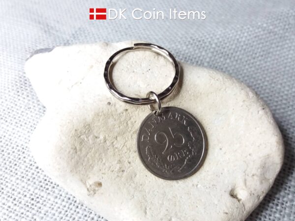 Denmark 1961 R coin charm. 63 year old Danish 25 ore coin pendant. 63rd birthday gift. Vintage coin souvenir. Pattern ring.