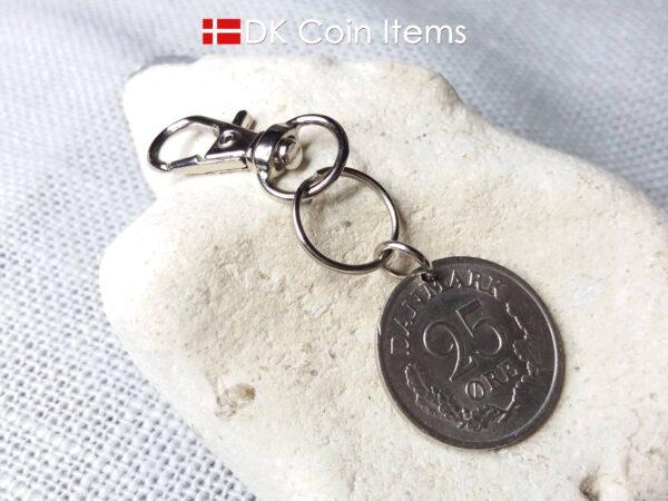 Denmark 1961 R coin charm. 63 year old Danish 25 ore coin pendant. 63rd birthday gift. Vintage coin souvenir. Trigger clip.