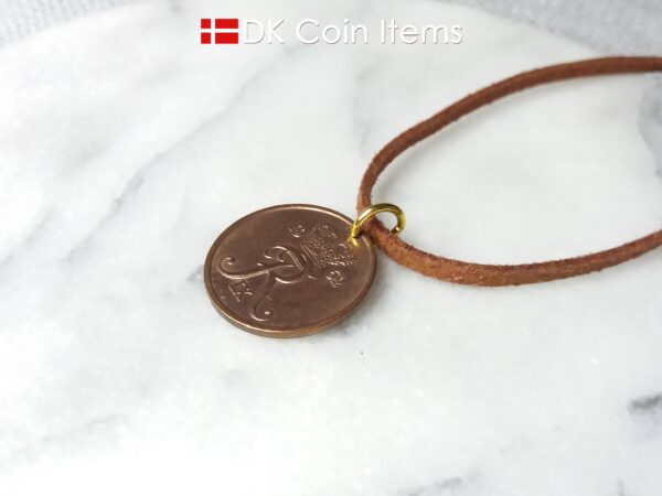 Denmark 62 year old R coin necklace. Danish 25 ore 1962 coin pendant - decoratively copper plated coin