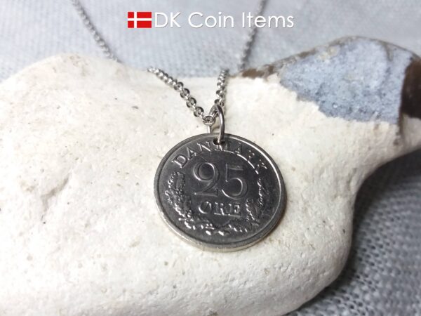 Denmark 1965 Crown R coin necklace. 59 year old Danish 25 ore as coin pendant.