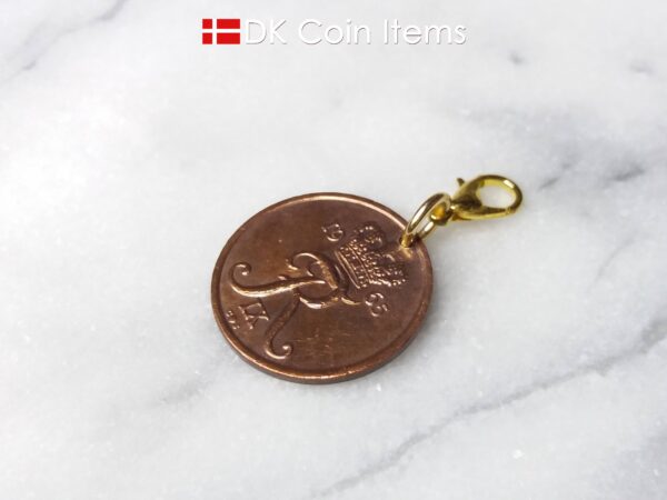 Denmark 1965 R coin charm. 59 year old Danish 25 ore coin pendant copper plated decoratively. Vintage souvenir