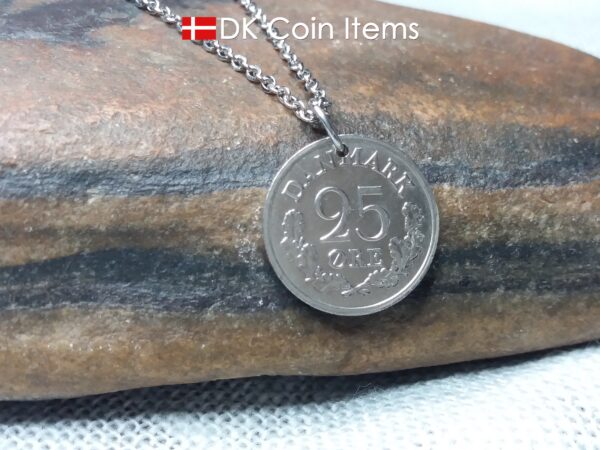 Denmark 1965 Crown R coin necklace. 59 year old Danish 25 ore as coin pendant.