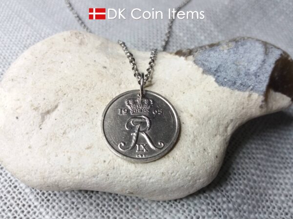 Denmark 1965 Crown R coin necklace. 59 year old Danish 25 ore as coin pendant.