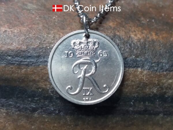 Denmark 1965 Crown R coin necklace. 59 year old Danish 25 ore as coin pendant.