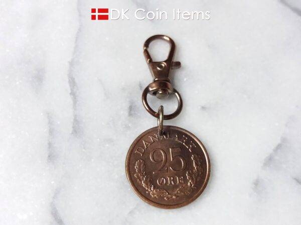 Denmark 1966 R coin charm. 58 year old Danish 25 ore coin pendant copper plated decoratively. Vintage souvenir