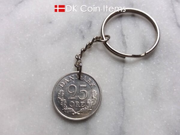 Denmark 1966 R coin keychain. 58 year old Danish 25 ore coin pendant. Vintage souvenir coin. 58th birthday gift.