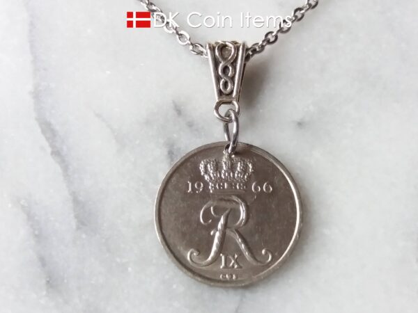 Denmark R coin necklace. 58 year old 1966 Danish 25 ore as coin pendant on bail. Danish crown souvenir.