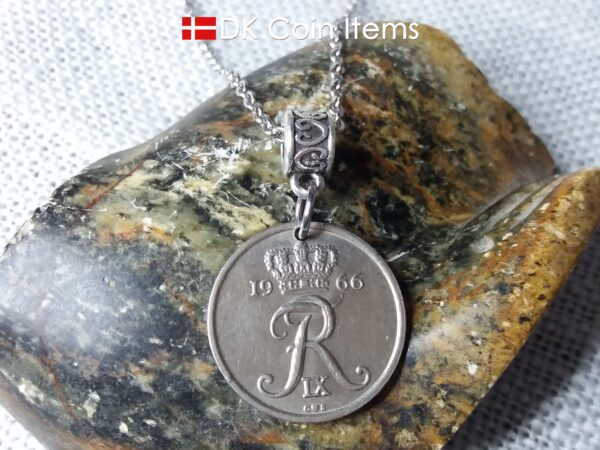 Denmark 1966 initial R coin necklace. 58 year old Danish 25 ore coin pendant on bail. Danish crown souvenir.