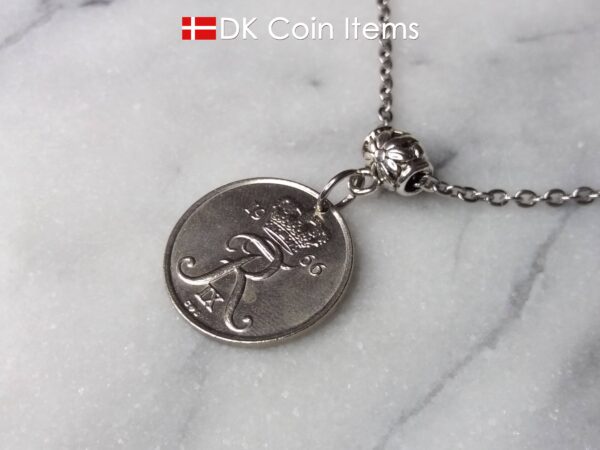 Denmark R coin necklace. 58 year old Danish 25 ore 1966 as coin pendant on bail. Danish crown souvenir.