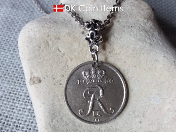 Denmark R initial coin necklace. 58 year old Danish 25 ore 1966 as coin pendant on bail. Danish souvenir.