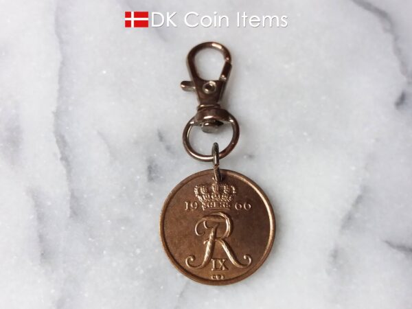 Denmark 1966 R coin charm. 58 year old Danish 25 ore coin pendant copper plated decoratively. Vintage souvenir