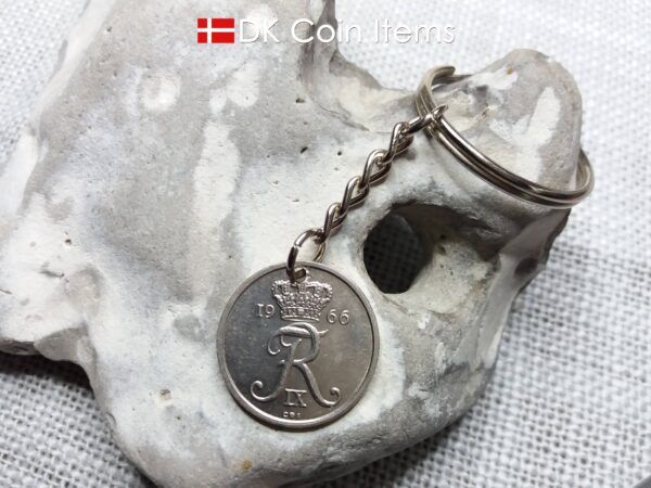 Denmark 1966 R coin keychain. 58 year old Danish 25 ore coin pendant. Vintage souvenir coin. 58th birthday gift.