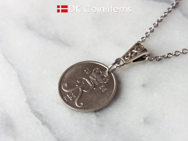 Denmark R coin necklace. 58 year old 1966 Danish 25 ore as coin pendant on bail. Danish crown souvenir.