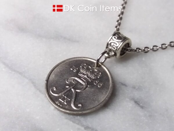 Denmark 1966 initial R coin necklace. 58 year old Danish 25 ore coin pendant on bail. Danish crown souvenir.