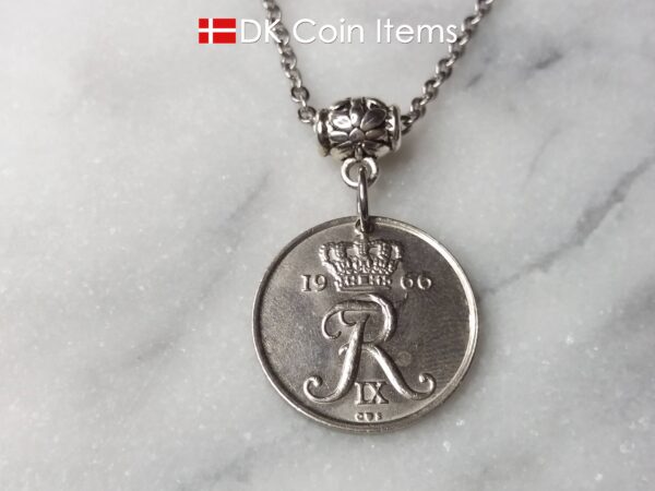 Denmark R coin necklace. 58 year old Danish 25 ore 1966 as coin pendant on bail. Danish crown souvenir.