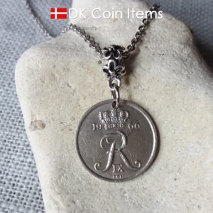 Denmark R initial coin necklace. 58 year old Danish 25 ore 1966 as coin pendant on bail. Danish souvenir.