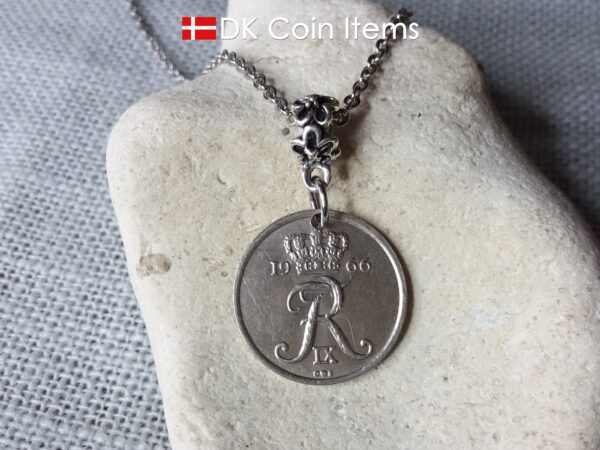 Denmark R initial coin necklace. 58 year old Danish 25 ore 1966 as coin pendant on bail. Danish souvenir.