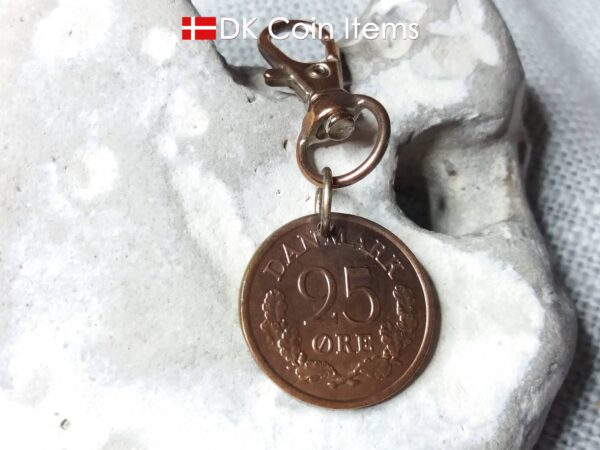 Denmark 1966 R coin charm. 58 year old Danish 25 ore coin pendant copper plated decoratively. Vintage souvenir