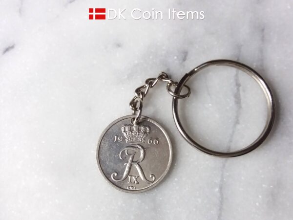 Denmark 1966 R coin keychain. 58 year old Danish 25 ore coin pendant. Vintage souvenir coin. 58th birthday gift.