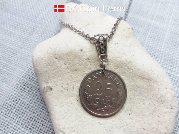 Denmark R coin necklace. 58 year old 1966 Danish 25 ore as coin pendant on bail. Danish crown souvenir.