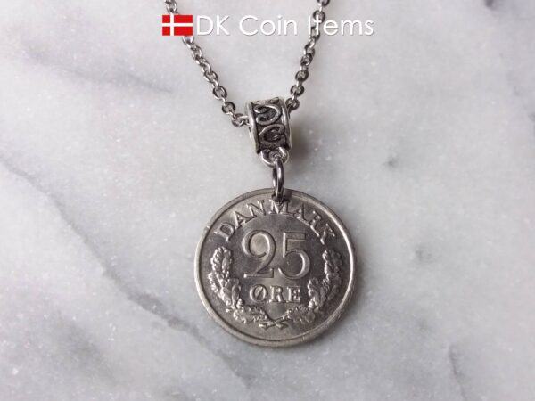 Denmark 1966 initial R coin necklace. 58 year old Danish 25 ore coin pendant on bail. Danish crown souvenir.