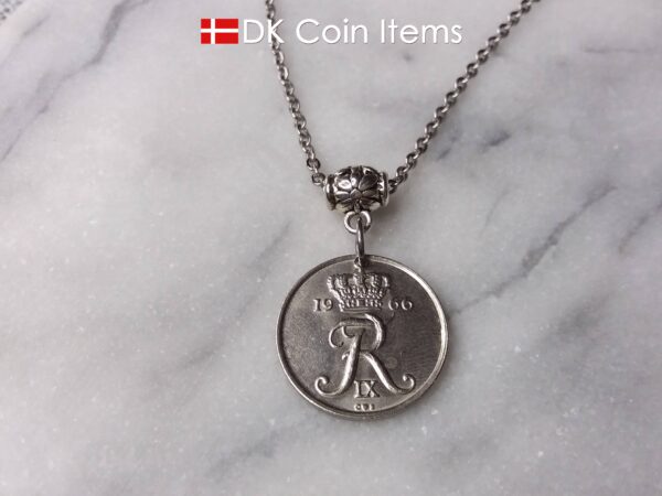 Denmark R coin necklace. 58 year old Danish 25 ore 1966 as coin pendant on bail. Danish crown souvenir.