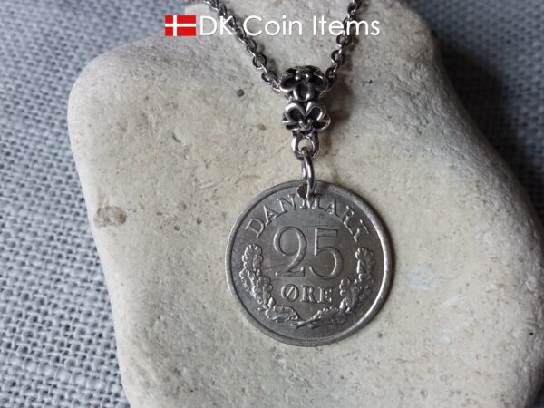 Denmark R initial coin necklace. 58 year old Danish 25 ore 1966 as coin pendant on bail. Danish souvenir.