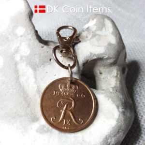 Denmark 1966 R coin charm. 58 year old Danish 25 ore coin pendant copper plated decoratively. Vintage souvenir