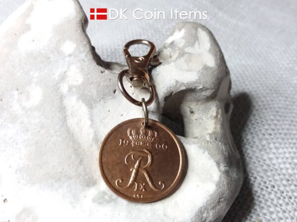 Denmark 1966 R coin charm. 58 year old Danish 25 ore coin pendant copper plated decoratively. Vintage souvenir