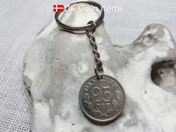 Denmark 1966 R coin keychain. 58 year old Danish 25 ore coin pendant. Vintage souvenir coin. 58th birthday gift.