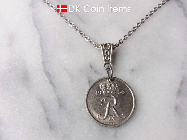 Denmark R coin necklace. 58 year old 1966 Danish 25 ore as coin pendant on bail. Danish crown souvenir.