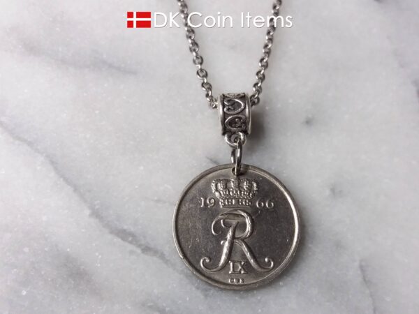 Denmark 1966 initial R coin necklace. 58 year old Danish 25 ore coin pendant on bail. Danish crown souvenir.