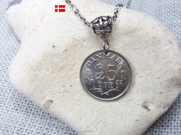 Denmark R coin necklace. 58 year old Danish 25 ore 1966 as coin pendant on bail. Danish crown souvenir.