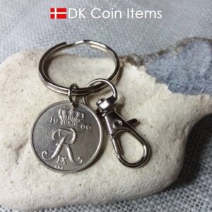 Denmark 1966 R coin keychain. 58 year old Danish 25 ore coin pendant + trigger clip. Vintage coin souvenir.