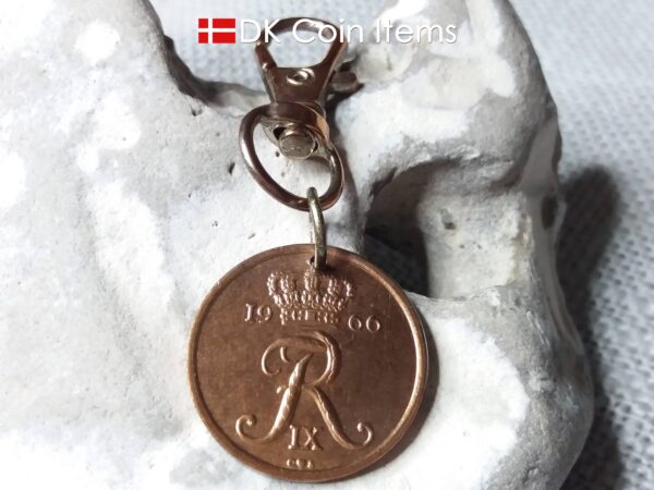 Denmark 1966 R coin charm. 58 year old Danish 25 ore coin pendant copper plated decoratively. Vintage souvenir