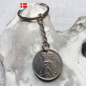 Denmark 1966 R coin keychain. 58 year old Danish 25 ore coin pendant. Vintage souvenir coin. 58th birthday gift.