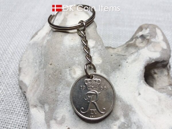 Denmark 1966 R coin keychain. 58 year old Danish 25 ore coin pendant. Vintage souvenir coin. 58th birthday gift.