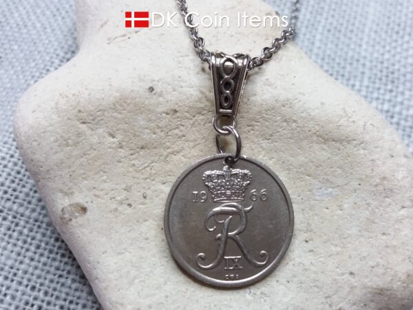 Denmark R coin necklace. 58 year old 1966 Danish 25 ore as coin pendant on bail. Danish crown souvenir.