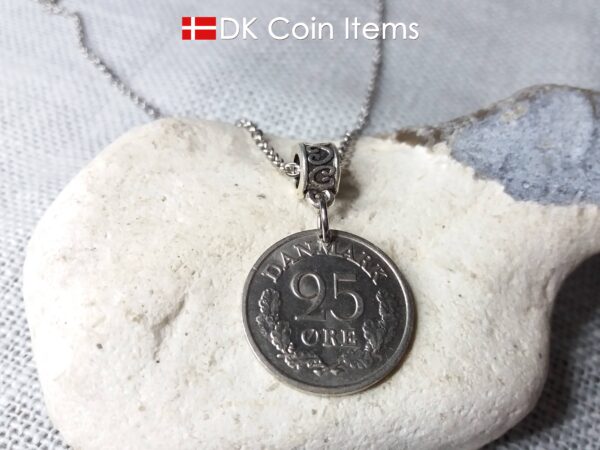 Denmark 1966 initial R coin necklace. 58 year old Danish 25 ore coin pendant on bail. Danish crown souvenir.