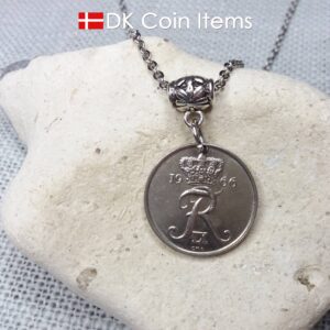 Denmark R coin necklace. 58 year old Danish 25 ore 1966 as coin pendant on bail. Danish crown souvenir.