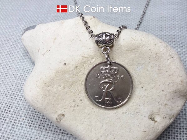 Denmark R coin necklace. 58 year old Danish 25 ore 1966 as coin pendant on bail. Danish crown souvenir.