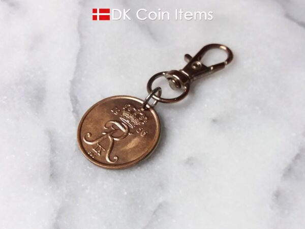 Denmark 1966 R coin charm. 58 year old Danish 25 ore coin pendant copper plated decoratively. Vintage souvenir